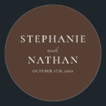 Pegatina Redonda Modern Dark Brown Minimalist Wedding<br><div class="desc">Simple minimalist dark chocolate brown wedding stickers. Perfect for a spring,  summer,  fall or winter wedding. The modern calligraphy script font pairs beautifully with a traditional serif font.</div>