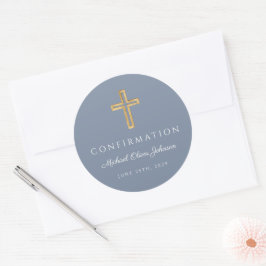 Pegatina Redonda Modern Dusty Blue Religious Cross Boy Confirmation