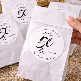 Pegatina Redonda Modern Elegant Black White Fifty Fabulous Birthday