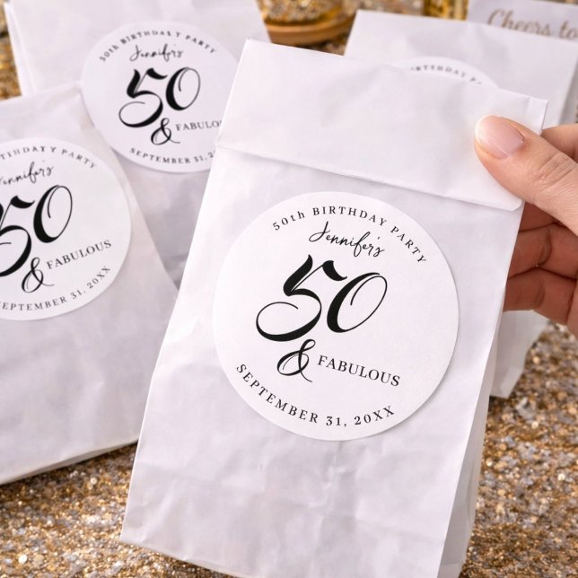 Pegatina Redonda Modern Elegant Black White Fifty Fabulous Birthday (Subido por el creador)