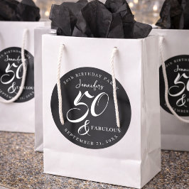 Pegatina Redonda Modern Elegant Black White Fifty Fabulous Birthday