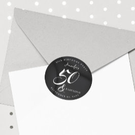 Pegatina Redonda Modern Elegant Black White Fifty Fabulous Birthday