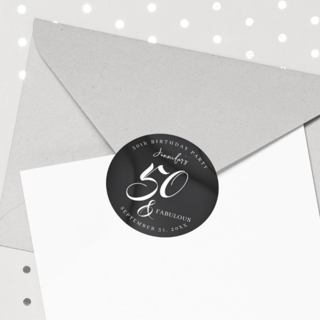 Pegatina Redonda Modern Elegant Black White Fifty Fabulous Birthday (Subido por el creador)