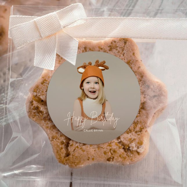 Pegatina Redonda Modern Elegant Happy Birthday Photo Round Sticker (Subido por el creador)