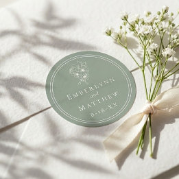 Pegatina Redonda Modern Elegant Sage Green Botanical Wedding