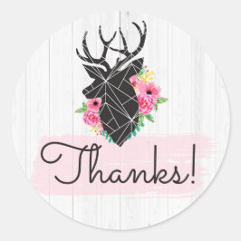Pegatina Redonda Modern Geometric Deer Antlers & Roses Thank You