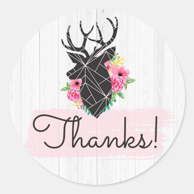 Pegatina Redonda Modern Geometric Deer Antlers & Roses Thank You (Anverso)