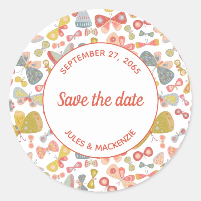 Pegatina Redonda Modern Graphic Butterfly Pattern Save the Date (Anverso)