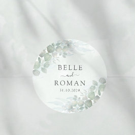 Pegatina Redonda Modern Green Eucalyptus Watercolor Wedding