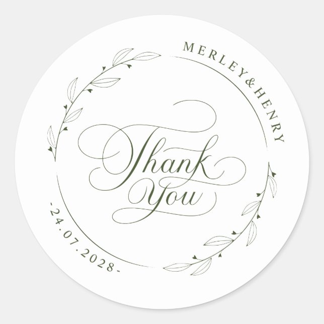 Pegatina Redonda Modern Greenery Wedding Thank You Favor (Anverso)