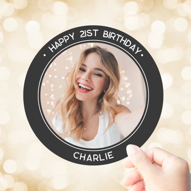 Pegatina Redonda Modern Happy 21st Birthday Photo Black (Modern Happy 21st Birthday Photo Black Classic Round Sticker
)