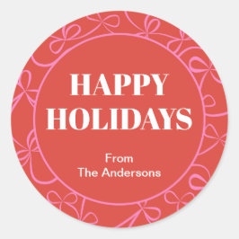 Pegatina Redonda Modern Holiday Bold Red & Pink Ribbon Pattern