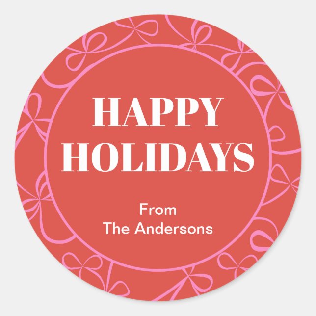 Pegatina Redonda Modern Holiday Bold Red & Pink Ribbon Pattern (Anverso)