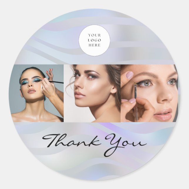 Pegatina Redonda Modern Holographic Black Script Logo Photo (Anverso)