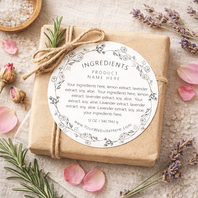 Pegatina Redonda Modern Line Art Floral Wreath Ingredients Labels (Modern Line Art Floral Wreath Ingredients Labels)