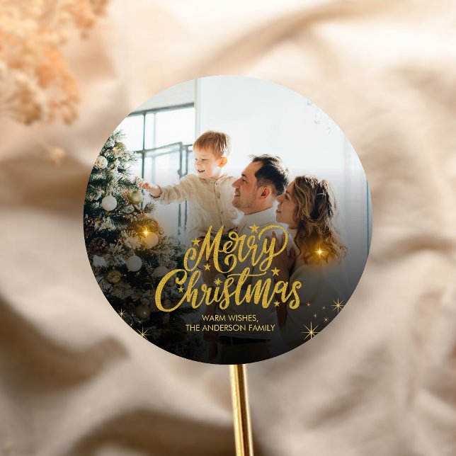 Pegatina Redonda Modern Merry Christmas Family Photo (Modern Christmas Family Holiday Sticker)