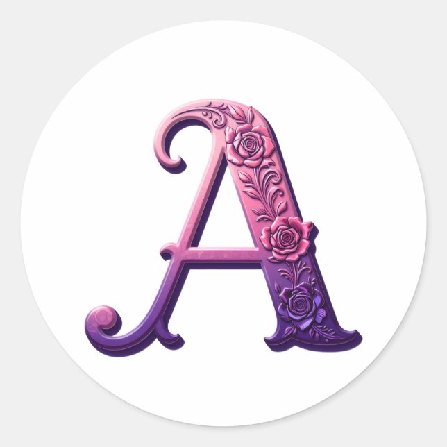 Pegatina Redonda Modern Metallic Rosemaling Letter A, Pink/Purple (Anverso)