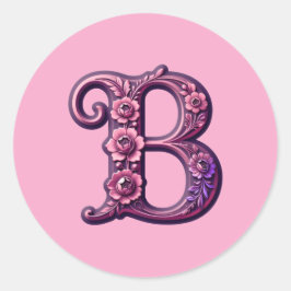Pegatina Redonda Modern Metallic Rosemaling Letter B, Pink/Purple
