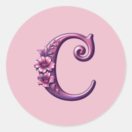 Pegatina Redonda Modern Metallic Rosemaling Letter C, Pink/Purple