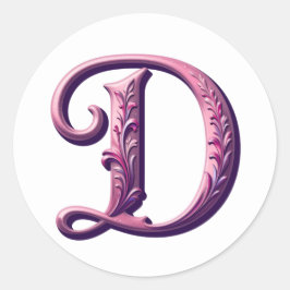 Pegatina Redonda Modern Metallic Rosemaling Letter D, Pink/Purple