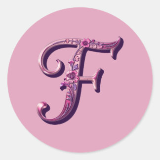 Pegatina Redonda Modern Metallic Rosemaling Letter F, Pink/Purple
