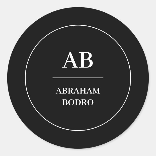 Pegatina Redonda Modern Minimal Black White Monogram Design (Anverso)