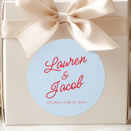 Pegatina Redonda Modern Minimal Minimalist Blue and Red Wedding