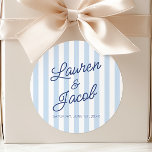 Pegatina Redonda Modern Minimal Minimalist Blue Stripes Wedding<br><div class="desc">These are Modern Minimal Minimalist Blue Stripes Wedding Party Favor Stickers!</div>