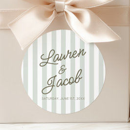 Pegatina Redonda Modern Minimal Minimalist Green Stripes Wedding