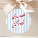 Pegatina Redonda Modern Minimal Minimalist Red Blue Stripes Wedding<br><div class="desc">These are Modern Minimal Minimalist Red Blue Stripes Wedding Party Favor Stickers!</div>