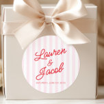 Pegatina Redonda Modern Minimal Minimalist Red Pink Stripes Wedding<br><div class="desc">These are Modern Minimal Minimalist Red Pink Stripes Wedding Party Favor Stickers!</div>