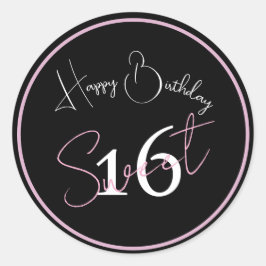 Pegatina Redonda Modern Minimalist 16th Black Pink Birthday