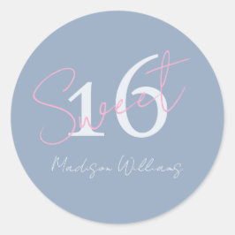 Pegatina Redonda Modern Minimalist Sweet 16th Pink Blue Birthday