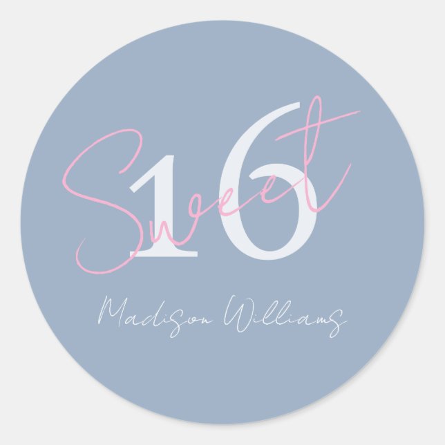 Pegatina Redonda Modern Minimalist Sweet 16th Pink Blue Birthday (Anverso)
