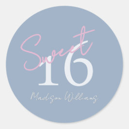 Pegatina Redonda Modern Minimalist Sweet 16th Pink Blue Birthday