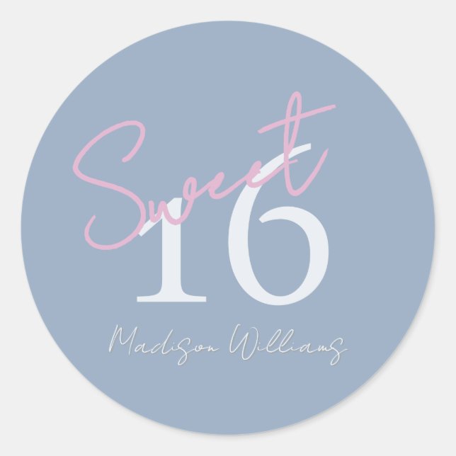 Pegatina Redonda Modern Minimalist Sweet 16th Pink Blue Birthday (Anverso)