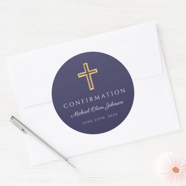 Pegatina Redonda Modern Navy Blue Religious Cross Boy Confirmation (Sobre)