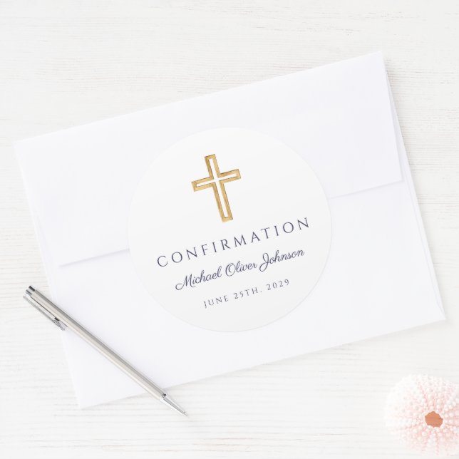 Pegatina Redonda Modern Navy Blue Religious Cross Boy Confirmation (Sobre)