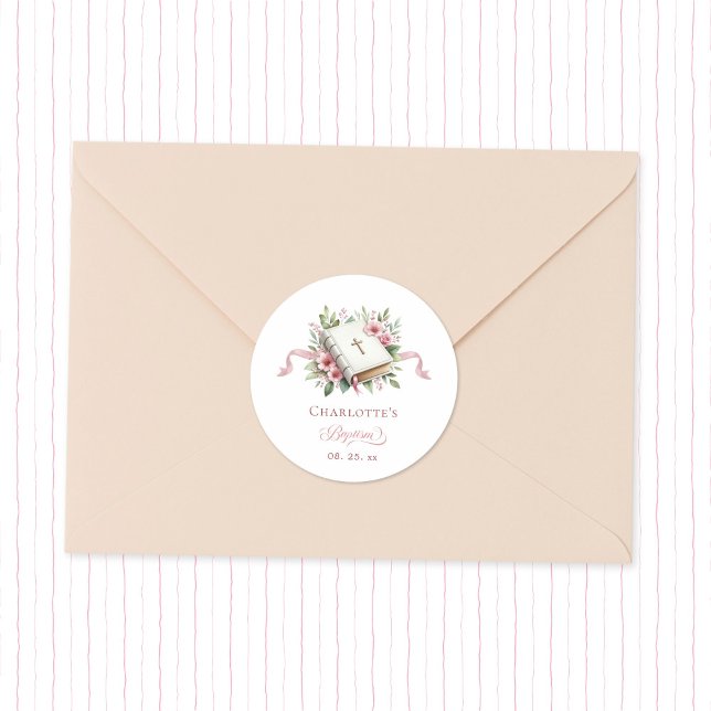 Pegatina Redonda Modern Pink Flower Baptism Sticker (Subido por el creador)