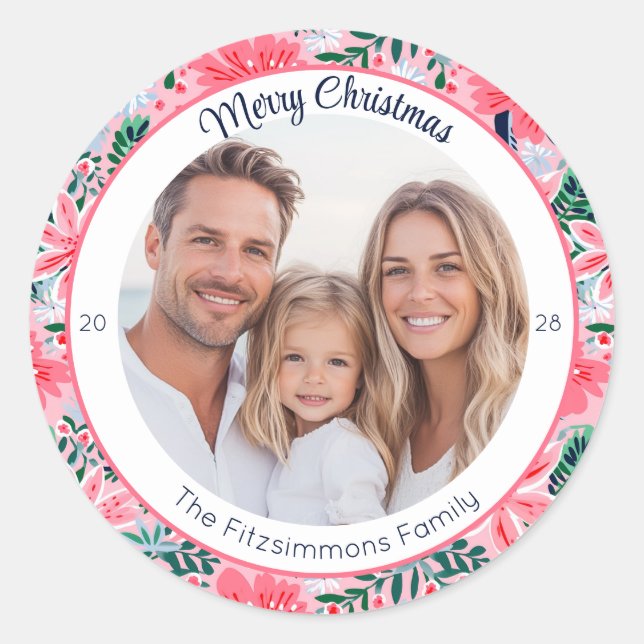 Pegatina Redonda Modern Pink Tropical Holiday Botanical Photo (Anverso)