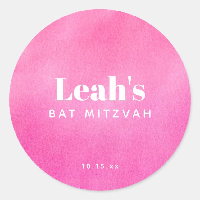 Pegatina Redonda Modern Pink Watercolor Trendy Custom Bat Mitzvah (Anverso)
