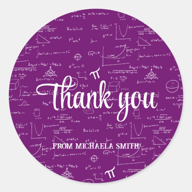 Pegatina Redonda Modern Purple Math Graduation Thank You (Anverso)