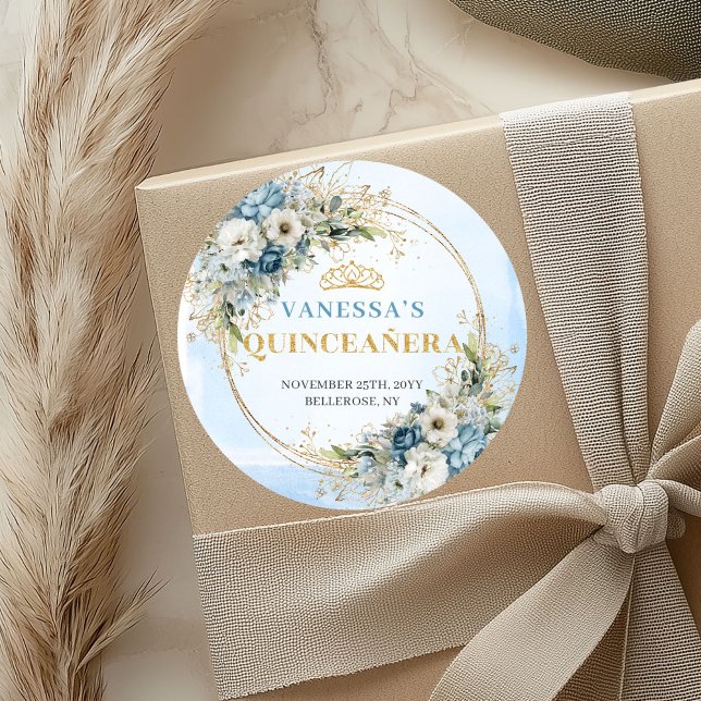 Pegatina Redonda Modern Quinceañera Sticker Blue Gold Greenery (Modern Quinceañera Sticker Blue Gold Greenery)