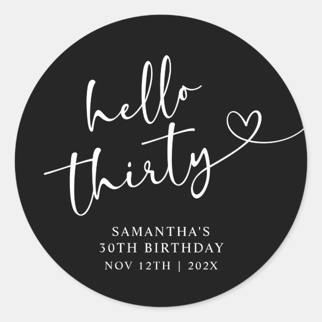 Pegatina Redonda Modern Red White Hello 30th Birthday (Anverso)