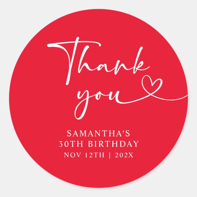Pegatina Redonda Modern Red White Hello 30th Birthday (Anverso)