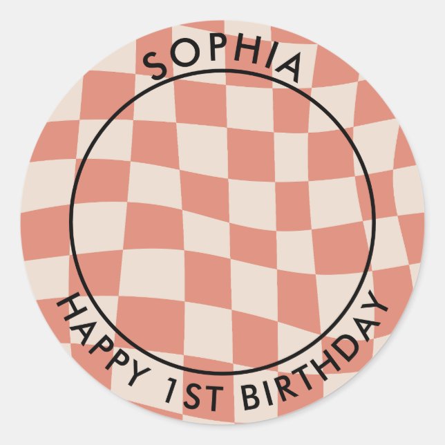Pegatina Redonda Modern Retro Happy 1er cumpleaños Photo check (Anverso)