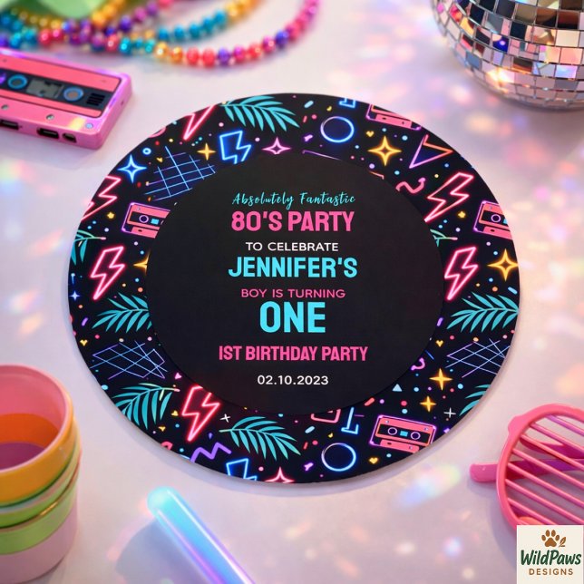 Pegatina Redonda Modern Retro Neon 80’s 1st Birthday Party (Modern Retro Neon 80’s 1st Birthday Party sticker)