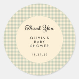 Pegatina Redonda Modern Sage Green Gingham Baby Shower Gracias