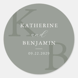 Pegatina Redonda Modern Sage Green Monogram Minimalist Wedding
