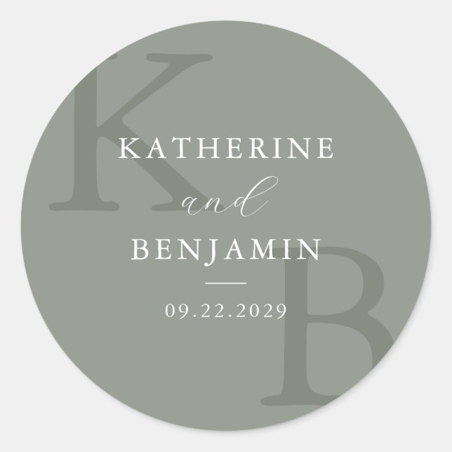 Pegatina Redonda Modern Sage Green Monogram Minimalist Wedding (Anverso)